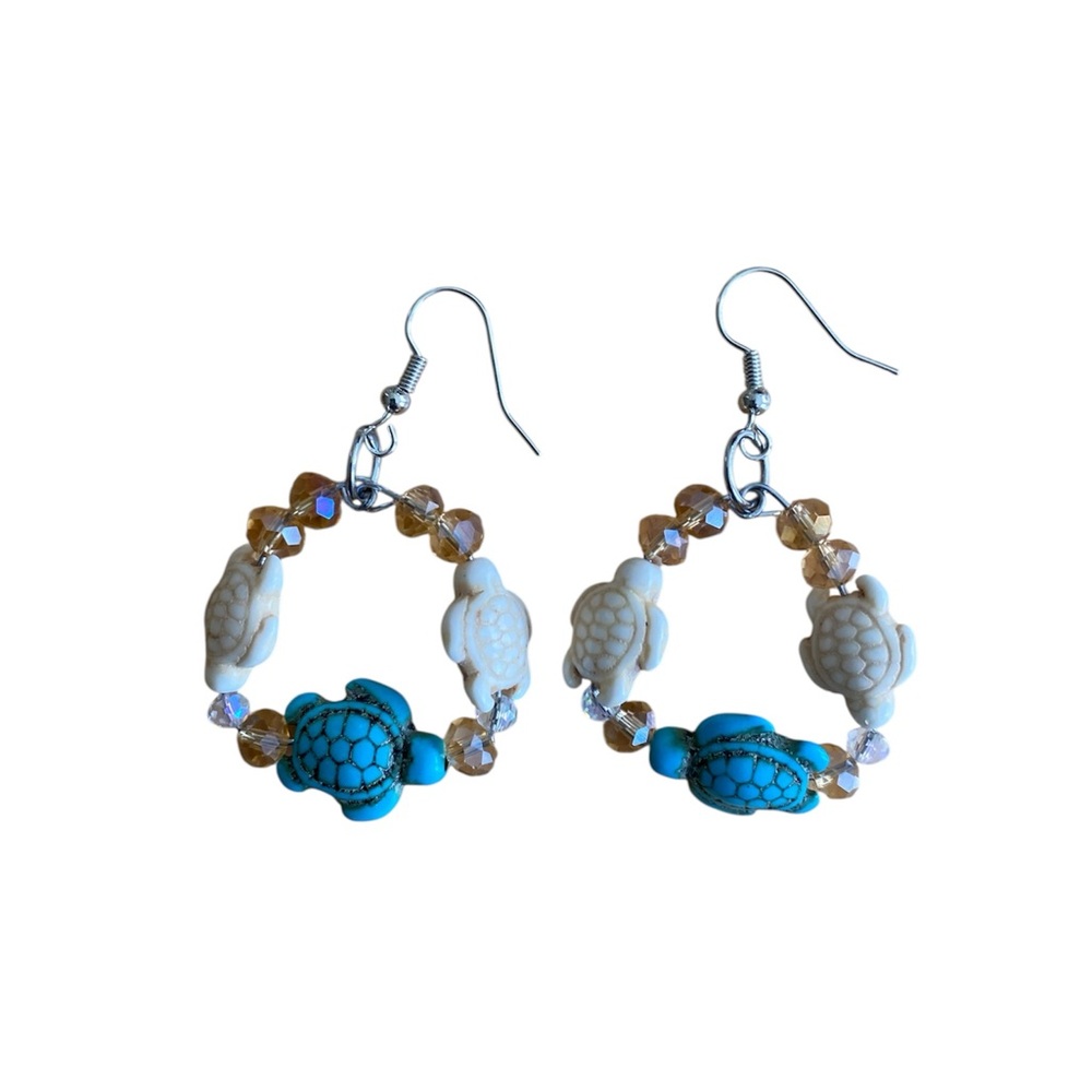 Blue and Cream Beaded Sea Turtle Dangle Earrings - Picture 2 of 4